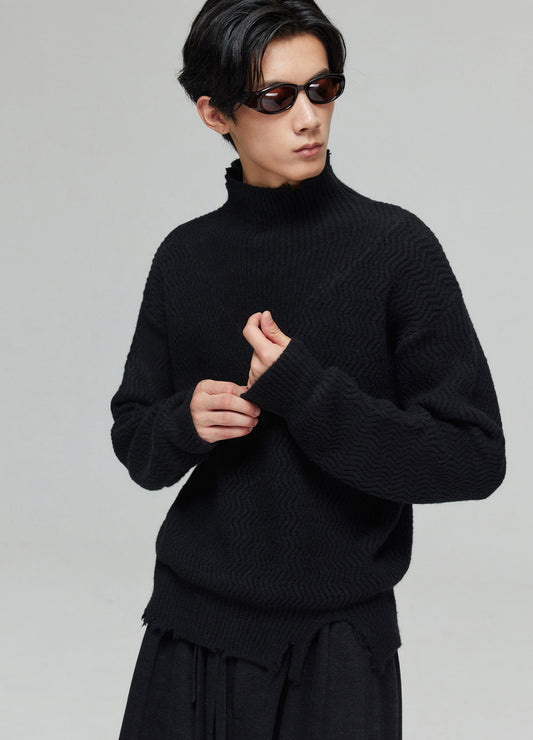 Mock Neck Distressed Wool Sweater