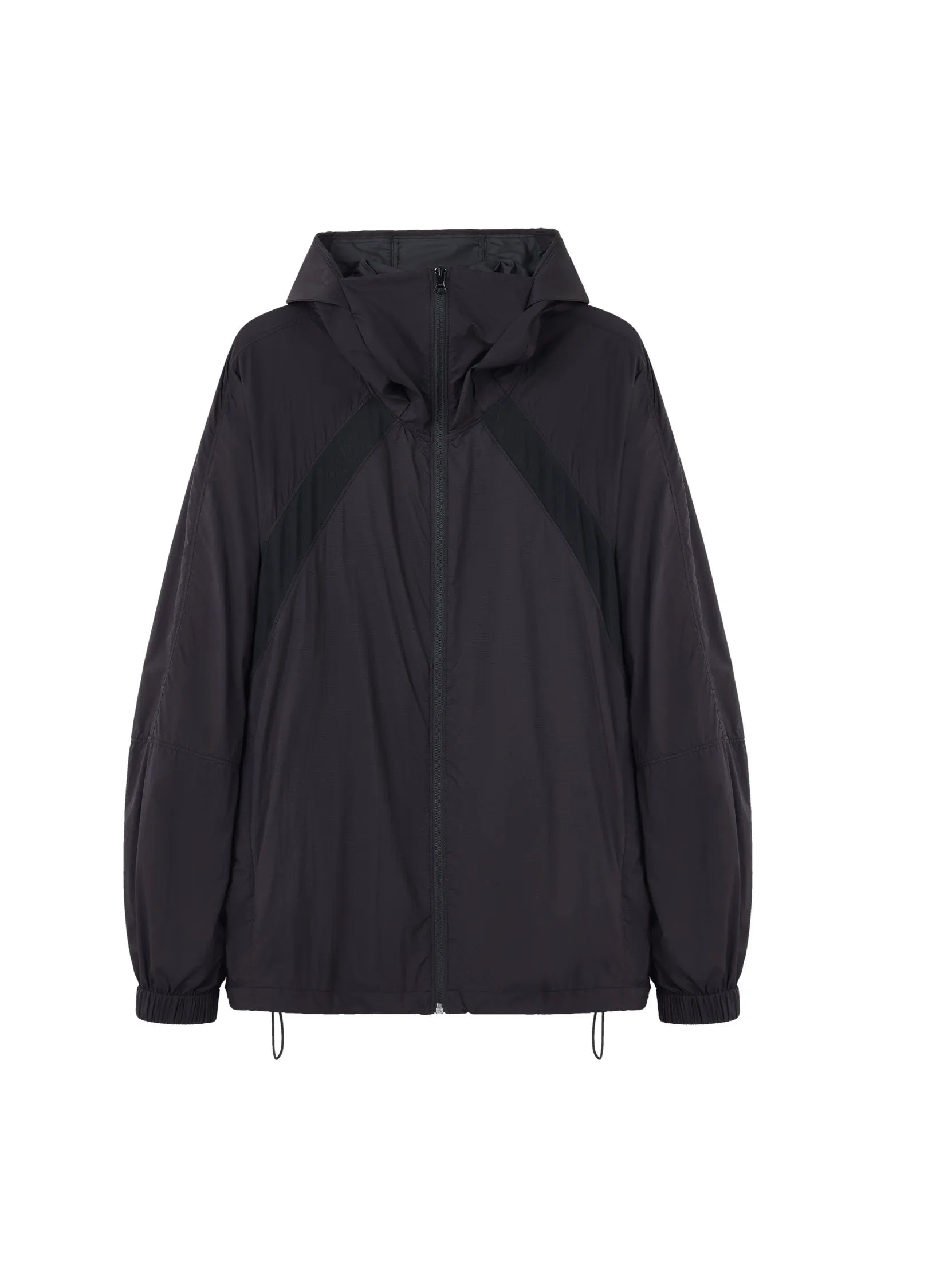 Black jacket with a hood on a white background