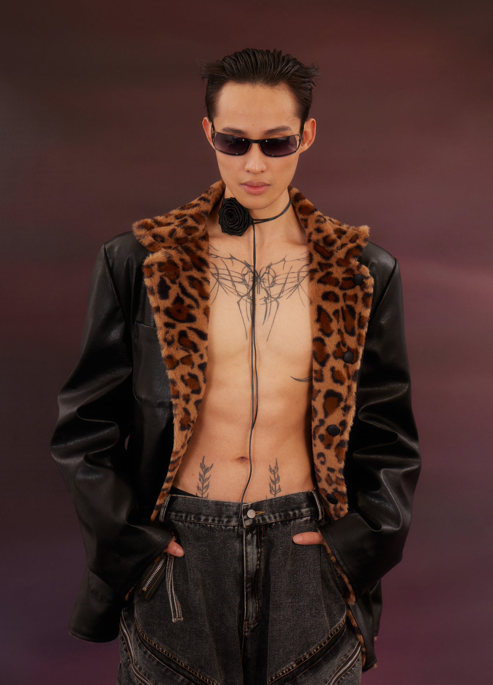 明日取下げ blackmeans Leopard Riders Jacket Alloaone Women's Rivet Leopard Pattern Stitching Heavy Industry