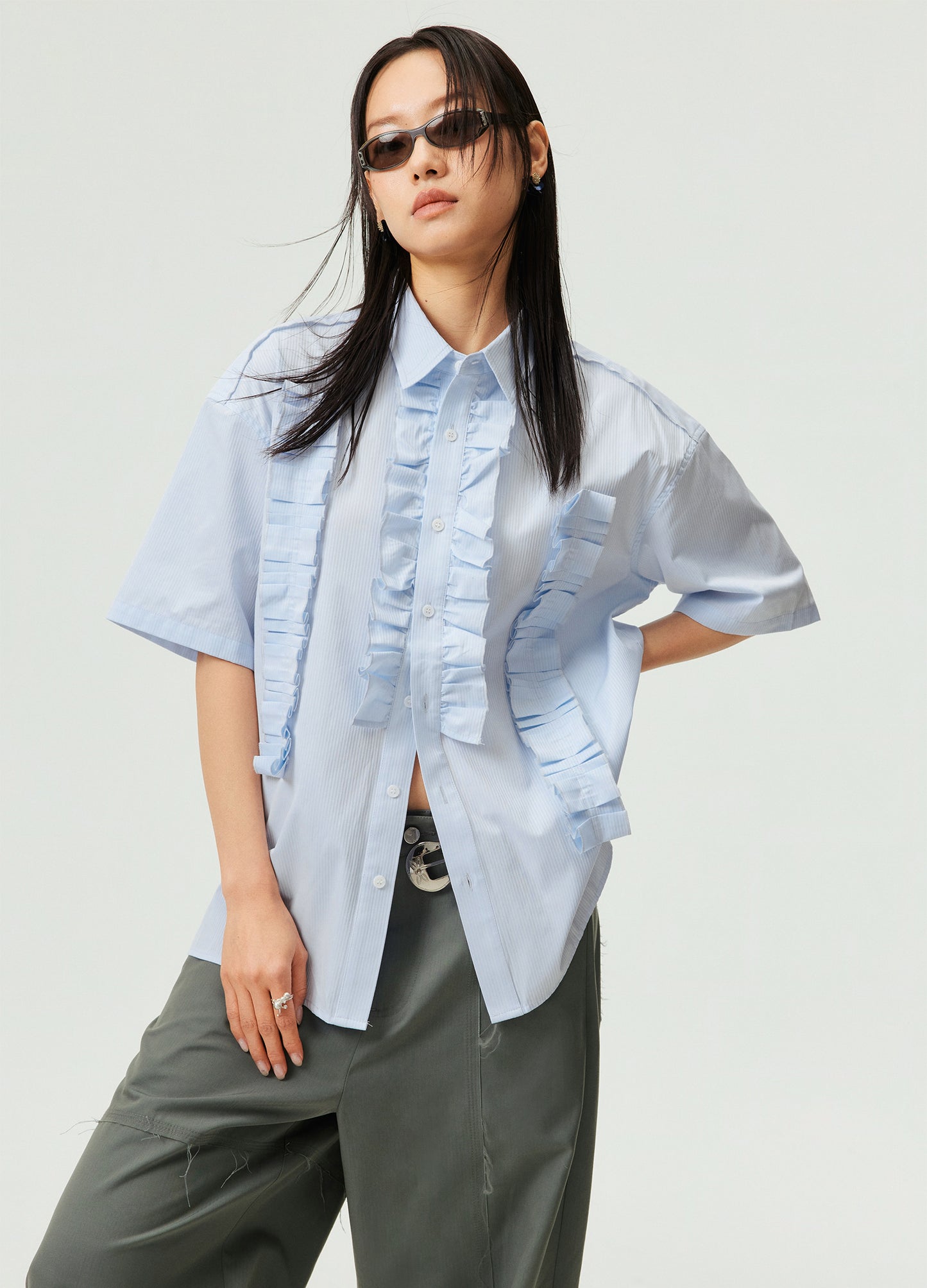 Ruffle Stripe Short Sleeve Shirt
