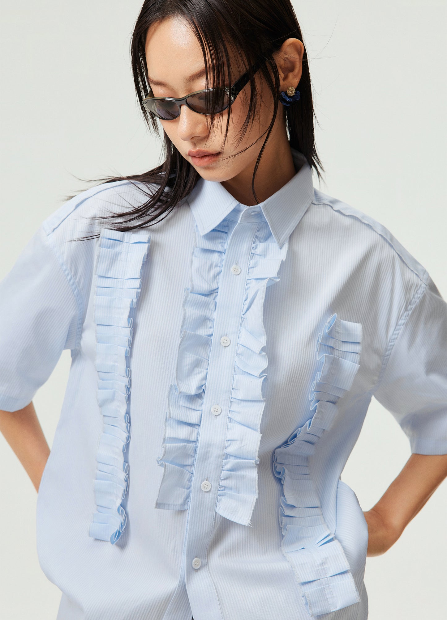 Ruffle Stripe Short Sleeve Shirt