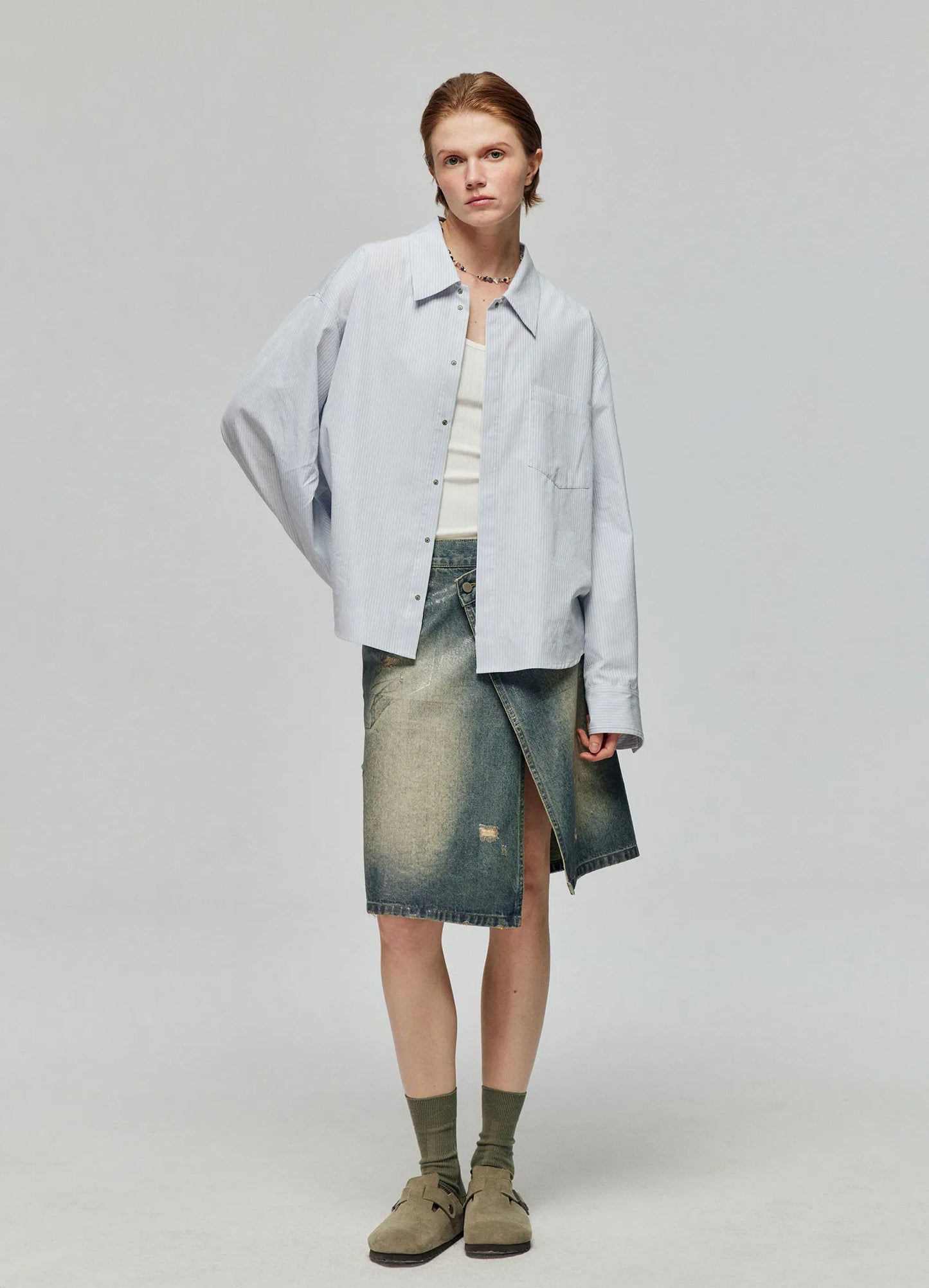 Waxed Distressed Denim Skirt