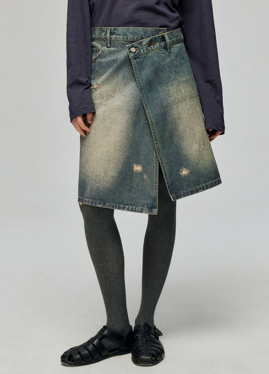 Waxed Distressed Denim Skirt